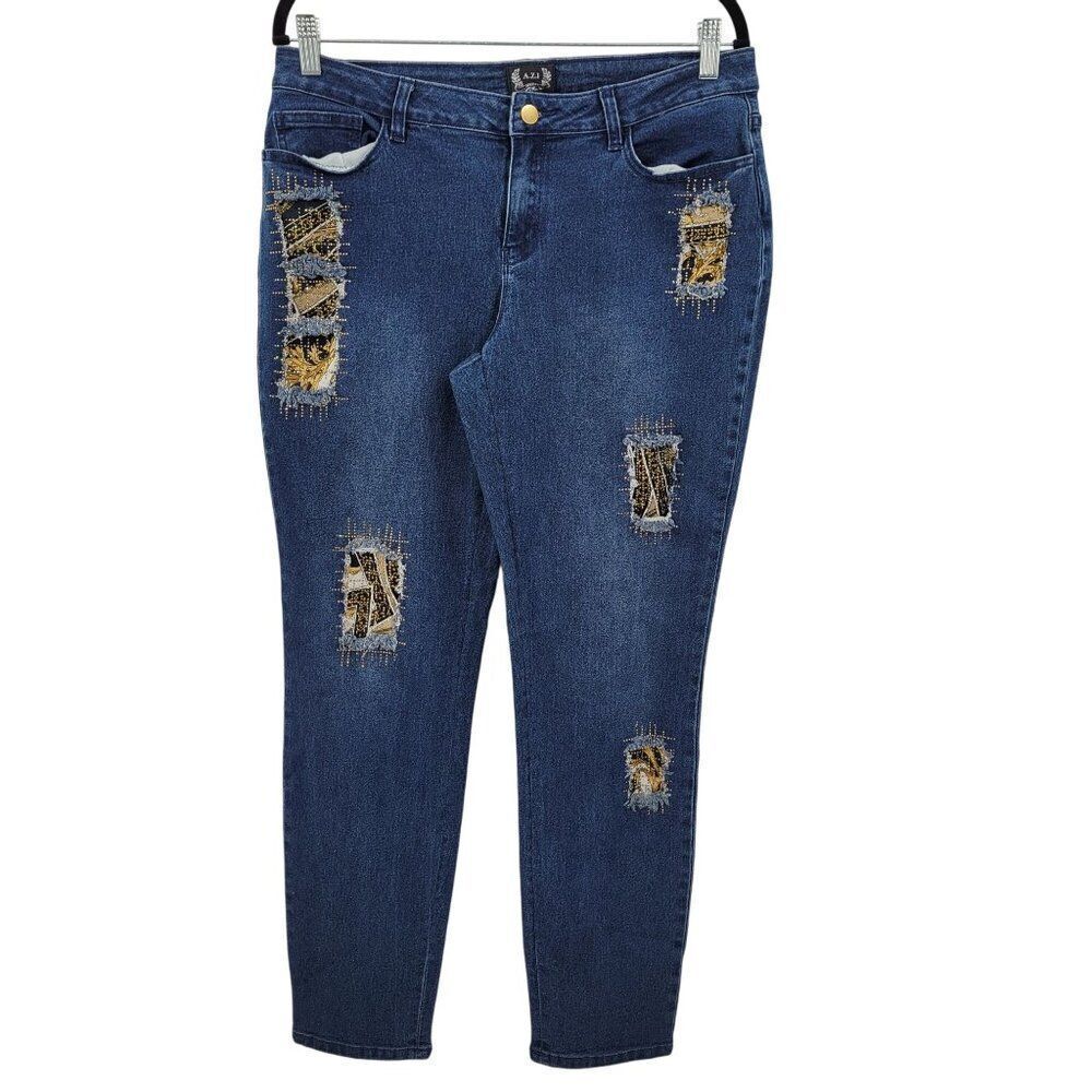 A.Z.I Womens Distressed Skinny Jeans Sz 10 Stretch Blue Denim Gold Patchwork - Picture 10 of 10